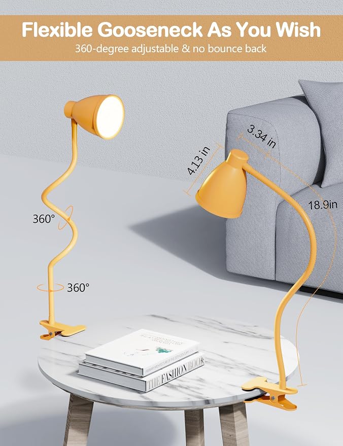 BOHON Clip on Light, Desk Lamp with Clamp, 5 Color 10 Brightness Yellow | Flexible Neck Clip Lamp, 10W 38 LED, Auto Off Timer, Desk Lights for Office Home Bed Bedside Reading, Bright Yellow