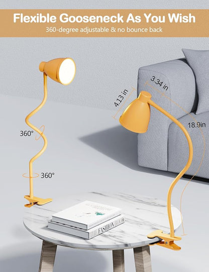BOHON Clip on Light, Desk Lamp with Clamp, 5 Color 10 Brightness Yellow | Flexible Neck Clip Lamp, 10W 38 LED, Auto Off Timer, Desk Lights for Office Home Bed Bedside Reading, Bright Yellow