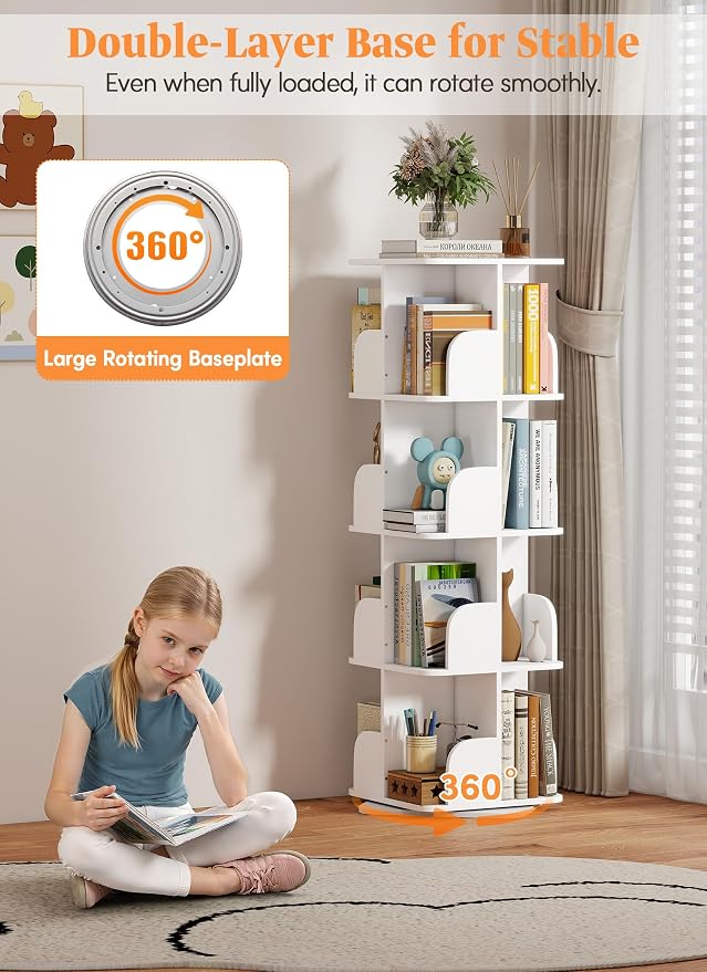 Turosur Rotating Bookshelf Tower, 4 Tier Spinning Square Bookshelf for Small Spaces, 360 Display Kids Bookshelves, Revolving Bookcase Floor Standing Storage Rack, White