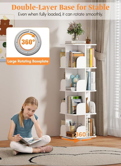 Turosur Rotating Bookshelf Tower, 4 Tier Spinning Square Bookshelf for Small Spaces, 360 Display Kids Bookshelves, Revolving Bookcase Floor Standing Storage Rack, White