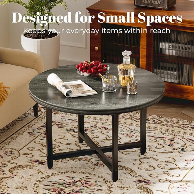FAMIDGE Round Coffee Table, Small Coffee Tables for Living Room, Wood Coffee Table with Metal Frame, Floor Table Desk for Sitting on The Floor, Home, Office, Farmhouse, Dark Gray (23.6" D x 17.7" H)