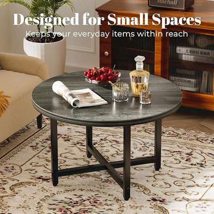 FAMIDGE Round Coffee Table, Small Coffee Tables for Living Room, Wood Coffee Table with Metal Frame, Floor Table Desk for Sitting on The Floor, Home, Office, Farmhouse, Dark Gray (23.6" D x 17.7" H)