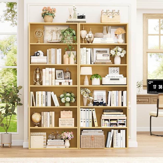 FOTOSOK 6-Tier Open Bookcase and Bookshelf, Freestanding Display Storage Shelves Tall Bookcase for Bedroom, Living Room and Office,Natural Set of 2