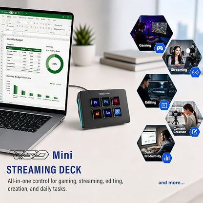 Mini Stream Controller Deck, Gaming Streaming Macro Pad Keypad, Shortcut Keyboard with 6 Programmable LCD Keys, Customizable Icons & RGB Light, USB Soundboard for Video Editing, OBS, PC, Mac