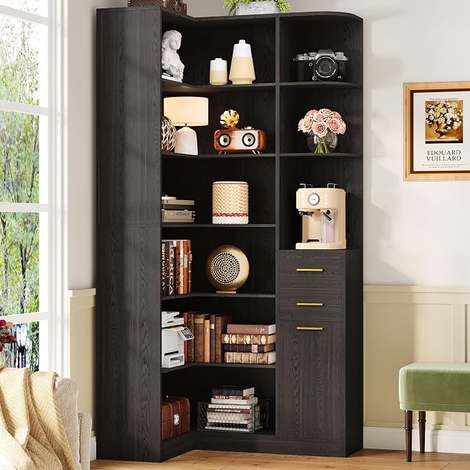 IRONCK Corner Bookshelf, 76" Tall Corner Bookshelves, 6 Tiers L-Shaped Bookcase with 10 Open Shelves and 2 Storage Drawers for Living Room or Home Office, Dark Brown