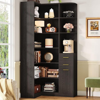IRONCK Corner Bookshelf, 76" Tall Corner Bookshelves, 6 Tiers L-Shaped Bookcase with 10 Open Shelves and 2 Storage Drawers for Living Room or Home Office, Dark Brown