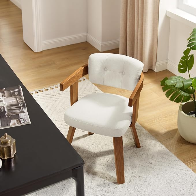Art Leon Office Chair No Wheels - Mid Century Modern Desk Chair, Fabric Upholstered Accent Arm Chair with Wood Legs for Small Spaces Home Office Living Room Bedroom Study, Off White/Walnut