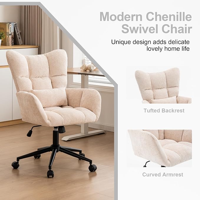 Home Office Desk Chair, Modern Tufted Chenille Vanity Chair, Adjustable Upholstered Swivel Computer Chairs for Bedroom, Living Room, Beige