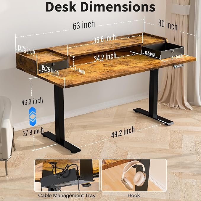 Kingant 63 x 30 Inch Electric Standing Desk with Dual Drawers, Adjustable Height Computer Desk for Home Office, Large Workstation Sit Stand Up Desk with Built-in Storage Shelf, Rustic Brown