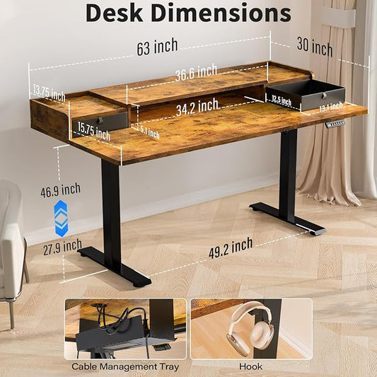 Kingant 63 x 30 Inch Electric Standing Desk with Dual Drawers, Adjustable Height Computer Desk for Home Office, Large Workstation Sit Stand Up Desk with Built-in Storage Shelf, Rustic Brown