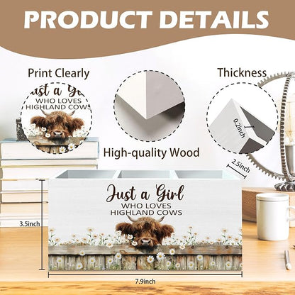 DILSJ Highland Cow Decor Pen Pencil Holder Organizer for Desk, Highland Cow Gifts for Women, Just a Girl Who Loves Cows Wooden Box Signs for Home Office Desk Tabletop Decoration