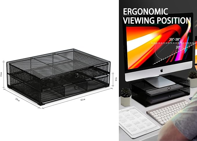Exerz Monitor Display Stand with Drawers - Desk Organizer with Computer Monitor Stand Riser - Max 15kgs