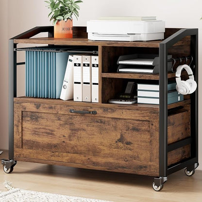 HSH Mobile Lateral File Cabinet with Drawer, Rolling Filing Cabinet with Storage Shelves & Hanging File Folders, Wooden Metal Printer Stand Fits A4 Letter Legal Size for Home Office, Rustic Brown,33In