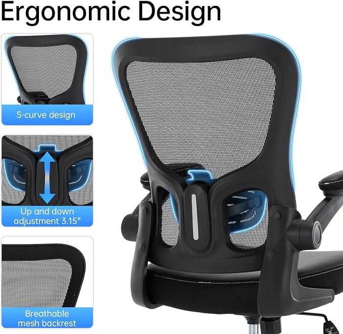 Ergonomic Office Chair Adjustable PU Leather Computer Chair with Lumbar Support,Flip-Up Arms, Breathable Mesh Back, Swivel Rolling Executive Desk Chair for Home Office, Black