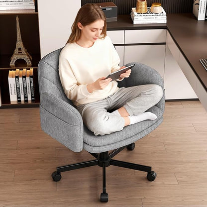Vonesse Criss Cross Office Chair with Wheels & Armrests, Height Adjustable Vanity Chair, Makeup Chairs with Side Pockets Design, Comfortable Computer Desk Chairs for Home (Linen Fabric,Gray)