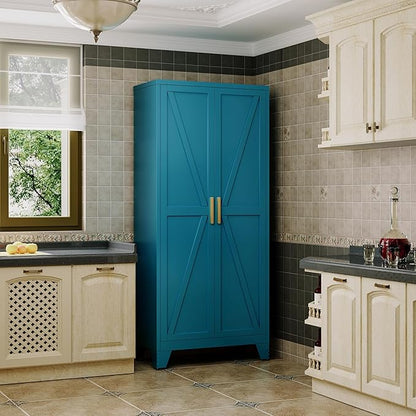 QINPTWUT 71" Metal Storage Cabinet with Doors and Shelves, Tall Pantry Cabinet in Blue with 2 Doors & 4 Adjustable Shelves, All-Steel Farmhouse Cupboard for Kitchen, Living Room,Home Office,Garage