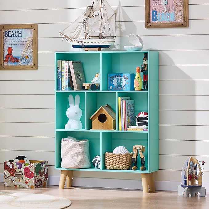 LEYAOYAO 7 Cube Bookshelf 3-Tier Bookcase with Legs, Mint-Green Kids Book Shelf Cute Storage Organizer, Toy Shelves Bookshelves,Wood Display Bookcases