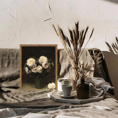 Vintage Floral Wall Art, Framed Moody Dark Roses Canvas Wall Art, Botanical Flowers Pictures Print, Retro White Roses Oil Painting Artwork Wall Decor for Bedroom Kitchen Bathroom – 12x16 inch