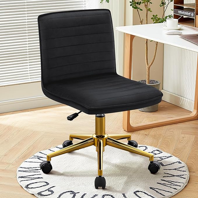 Furniliving Home Office Desk Chair, Armless Desk Chair with Wheels Soft Velvet Adjustable Height, Comfy Computer Rolling Chairs with Gold Metal Base Stool,Black