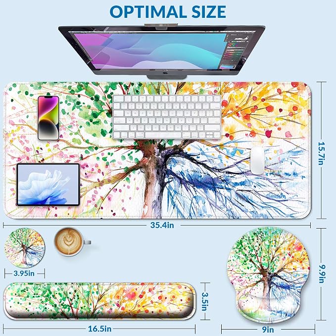 Desk Mat Set + Keyboard and Mouse Pad with Wrist Rest Support,4-in-1 Large Mousepad Computer Mats for Desktop Home & Office-Watercolor Tree