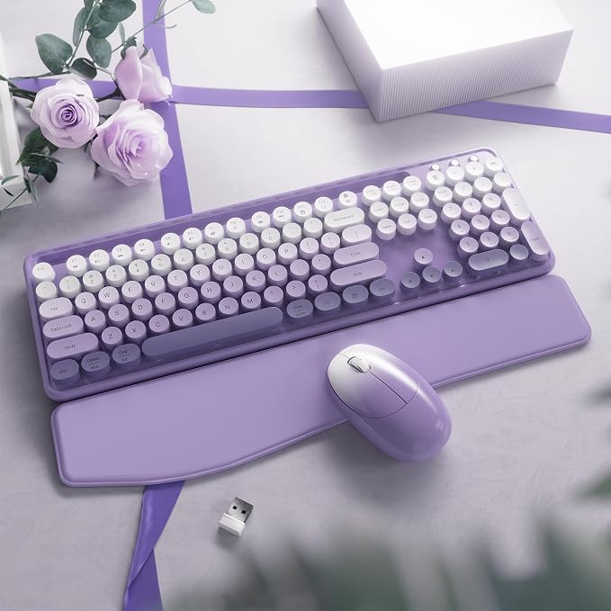 Wireless Keyboard and Mouse, Colorful 104-Key QWERTY with Round Keys, Phone Holder, Wrist Rest, Power Buttons, 2.4GHz USB for PC Laptop (Purple Gradient)