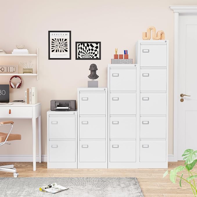 SISESOL 5 Drawer File Cabinet with Lock,White Narrow Vertical File Cabinet Five Drawer,Tall Office Filing Cabinets,Metal Filing Cabinets for Home Office,Fit A4,Legal,Letter Size,-Assembly Required