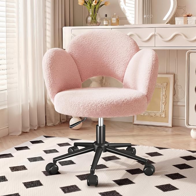 Homkdom Petal Vanity Chair with Wheels, 3.94" Thick Comfy Desk Chair, Swivel Armless Chair with Open Back and Adjustable Height, Ideal for Makeup Study Work and Relaxation, Pink