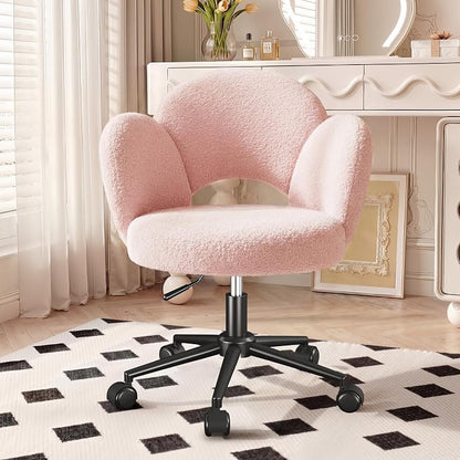 Homkdom Petal Vanity Chair with Wheels, 3.94" Thick Comfy Desk Chair, Swivel Armless Chair with Open Back and Adjustable Height, Ideal for Makeup Study Work and Relaxation, Pink
