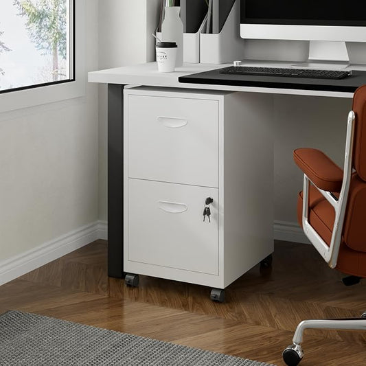 Polup 2 Drawer Rolling File Cabinet on Wheels, Mobile Two Drawer Filing Cabinet with Lock, Small Files Cabinets for Under Desk, Metal Filing Cabinets for Letter Size Folders, White - Assembly Required