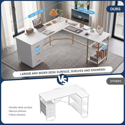 Techni Mobili L Shaped Desk - Two-Toned Computer Desk with Drawers & Storage Shelves - Simple Modern Furniture & Home Office Space Corner Table for Work & Writing