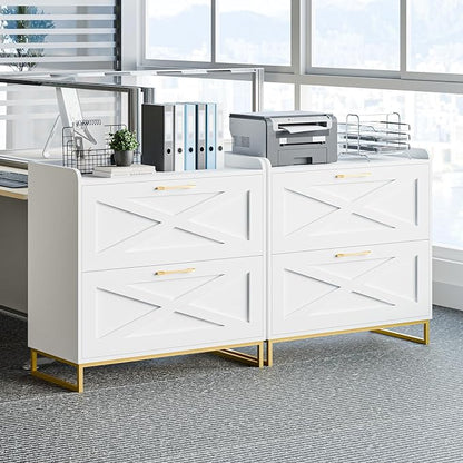 2 Drawer Lateral File Cabinet, Filing Cabinet with Charging Station for Letter/Legal/A4 Size Hanging Files, Modern Farmhouse File Storage Cabinet for Home Office, Printer Stand with Storage, White