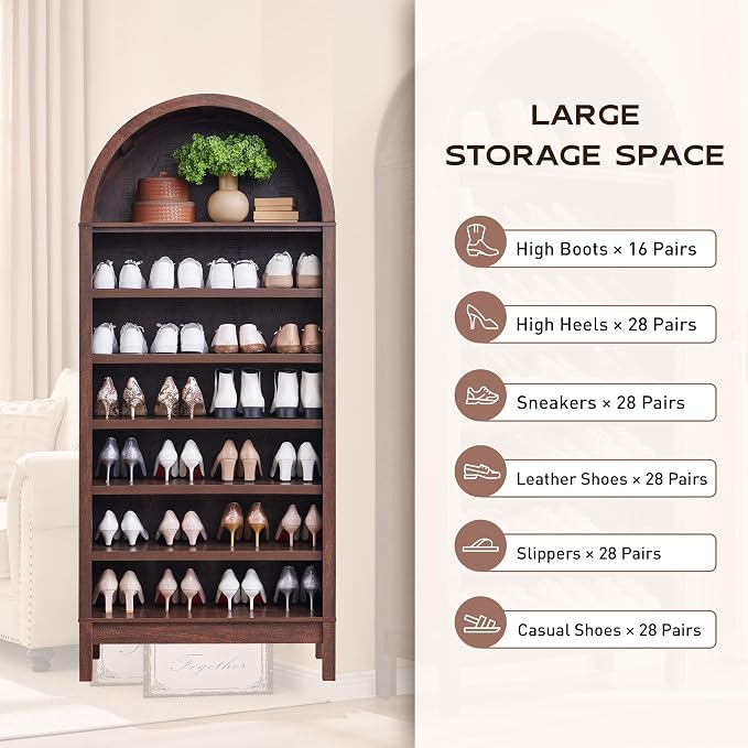 IFGET 71" Tall Arched Bookshelf, 7 Tiers Arch Bookcase with Storage, Modern Farmhouse Book Shelf with Adjustable Shelves, Wood Bookshelf w/Open Display Shelves for Living Room, Office (Brown)