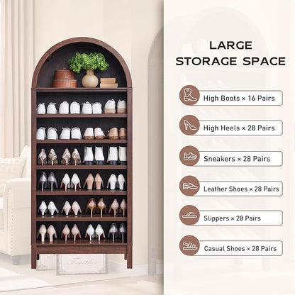 IFGET 71" Tall Arched Bookshelf, 7 Tiers Arch Bookcase with Storage, Modern Farmhouse Book Shelf with Adjustable Shelves, Wood Bookshelf w/Open Display Shelves for Living Room, Office (Brown)