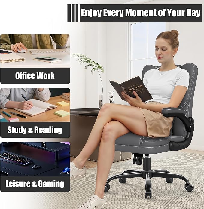 Ergonomic Office Chair with Flip-Up Armrests, Mid Back Executive PU Leather Desk Chair, Height Adjustable with Lumbar Support, Rocking & Swivel Computer Chair for Home Office