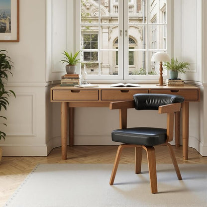 Art Leon Home Office Desk Chair - Mid Century Modern Chair, Faux Leather Office Chair No Wheels, Comfy Accent Arm Chair with Wood Legs for Small Spaces Living Room Bedroom Study, Black/Walnut