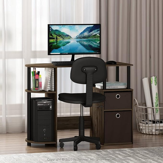 Furinno JAYA Desk, 38.4" Wide Gaming Desk with Bin Drawers, Computer Desk with Side Shelf, Office Desk for Study, Home Office, Bedroom, Dorm, Study Room, Columbia Walnut