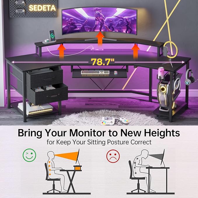 SEDETA 79" Gaming Desk, Computer Desk with 2 Fabric Drawers & LED Light, L Shaped Gaming Desk with Storage Shelf for Home Office, Carbon Fiber Black