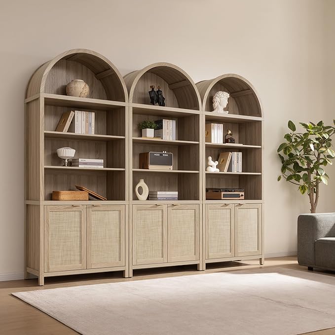 SICOTAS Book Shelf Arched Cabinet Bookshelf Arch 84.2" Tall Bookcase 5 Tier Large Bookshelves with Doors Storage Rattan Boho Wide Book Shelves Case for Living Room Kitchen Office Library