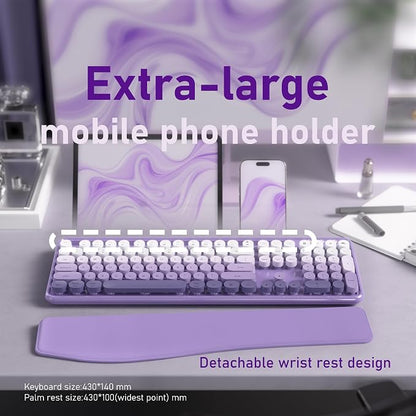 Wireless Keyboard and Mouse, Colorful 104-Key QWERTY with Round Keys, Phone Holder, Wrist Rest, Power Buttons, 2.4GHz USB for PC Laptop (Purple Gradient)