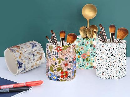 Pen Holder, Makeup Brush Holder Ceramic Gold Nordic Terrazzo Marble Pattern Pencil Cup for Girls Kids Women Durable Desk Organizer Storage Gift for Office, Classroom, Home Modern Light Blue
