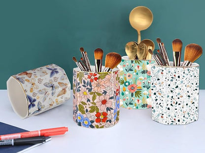 Pen Holder, Makeup Brush Holder Ceramic Gold Vintage Floral Flowers Pattern Pencil Cup for Girls Kids Women Durable Stand Desk Organizer Storage Gift for Office, Classroom, Home Retro Pink