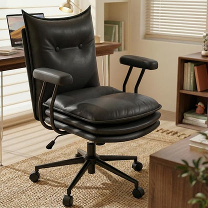Black Leather Office Chair with Triple-Layer Seat, Home Desk Chair | Comfy 7.3-inch Thick Cushion, Mid Back Ergonomic Support for Long Hours, Smooth Silent Wheels, Mid-Century Vintage Style