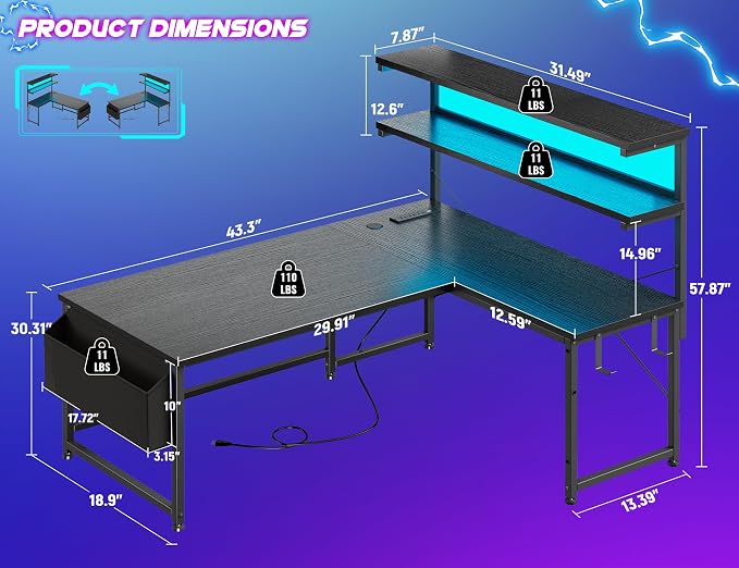 DurayLoly L Shaped Gaming Desk with No Side Bar Shelf for Small Space,Black | Open-Side Storage Rack with Printer Space and Hooks, Neat Arrangement & High Space Utilization
