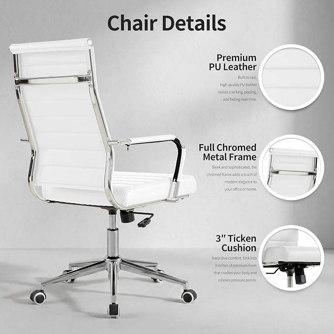 Okeysen White Office Desk Chair, Ergonomic Leather Modern Conference Room Chairs, Executive Ribbed Height Adjustable Swivel Rolling Chair for Home Office.