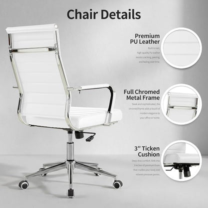 Okeysen White Office Desk Chair, Ergonomic Leather Modern Conference Room Chairs, Executive Ribbed Height Adjustable Swivel Rolling Chair for Home Office.