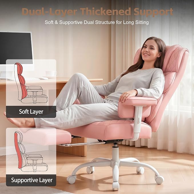 Vonesse Big and Tall Office Chair, Desk Chair with Soft Adjustable Armrests, Ergonomic High Back Gaming Chair with Lumbar Support, Executive Computer Chairs with Footrest (PU Leather, Pink)