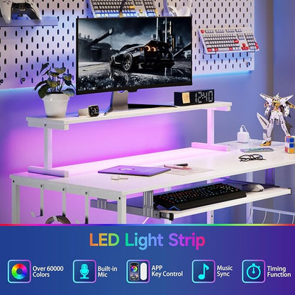 L Shaped Gaming Desk with Power Outlets & RGB Lights, 46'' L- Shaped Desk Computer Corner Desk with Monitor Stand & Storage Shelf & Hook, Home Office Desk Writing Desk, White