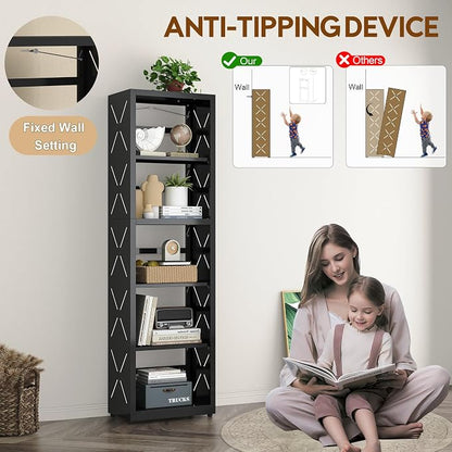 UNICOLY Bookshelves and Bookcases, 5 Tier Metal Bookshelf with Adjustable Shelves and Bookends, Open Shelf Bookcase, Display Shelves for Home Decor Bedroom, Living Room, Home Office, Black