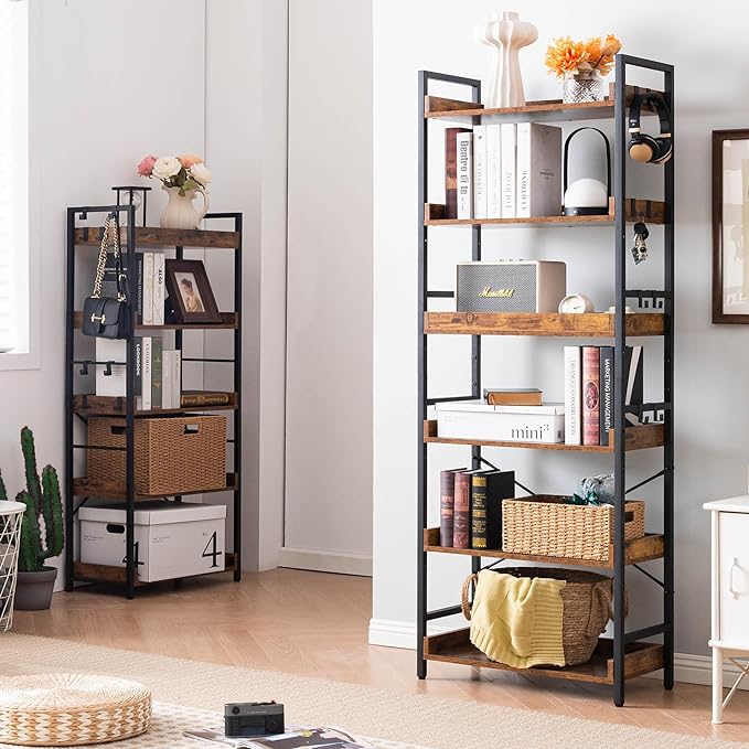 HCHQHS Adjustable 6 Tier Open Bookcase, Rustic Farmhouse Book Shelves, Industrial Wood and Black Metal Bookshelves, Mid Century Bookcase for Home Office Living Room Bedroom