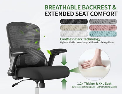 Office Chair Ergonomic Desk Chair Comfy: 400LBS Mesh Computer Chair Ergonomic Gaming Chairs with Wheels Adjustable Lumbar Support and Flip up Armrest-Swivel Executive Chairs Long Hours(Full Black)